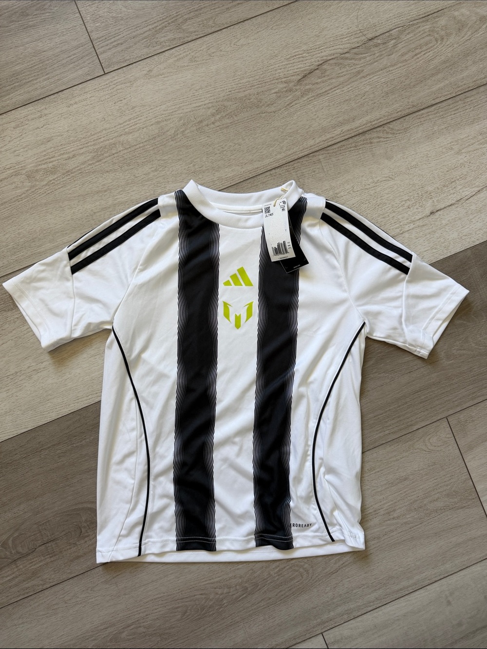 adidas White Soccer Jersey with Black Stripes and Neon Accent